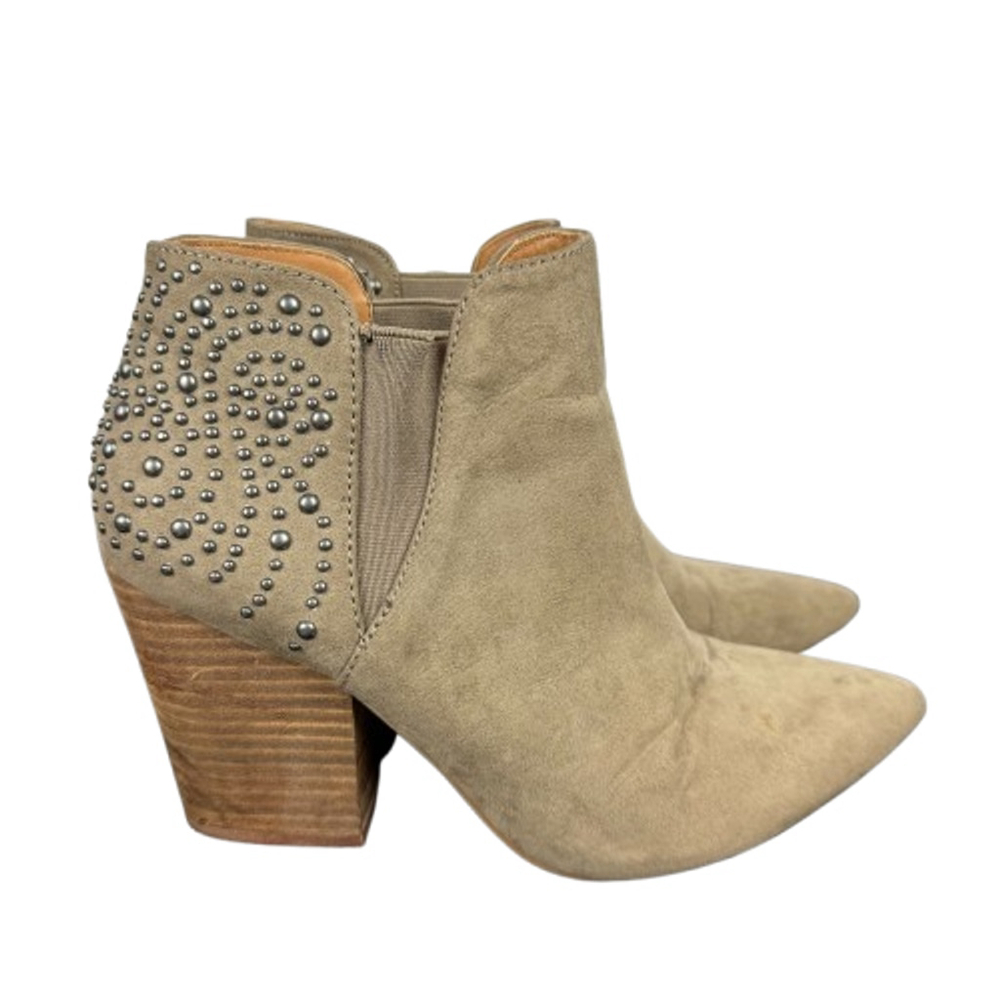 Report Mitchells Boots Womens 7.5 Beige Suede Studded Ankle Pointed Block Heel